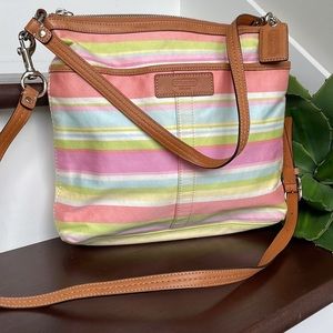 Coach genuine leather striped canvas Crossbody shoulder bag hand bag purse